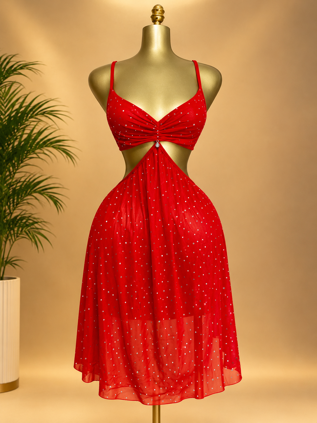 Red Rhinestone Cut-Out Nightwear Dress