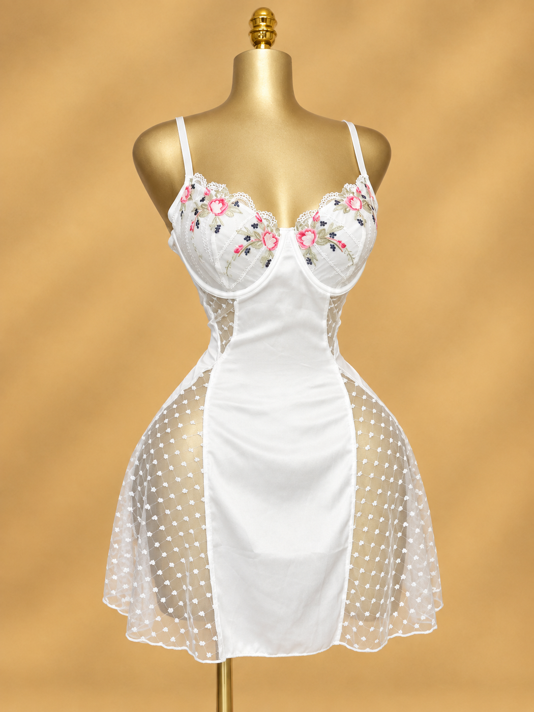 White Floral Embroidered Silk Nightdress with Sheer Mesh